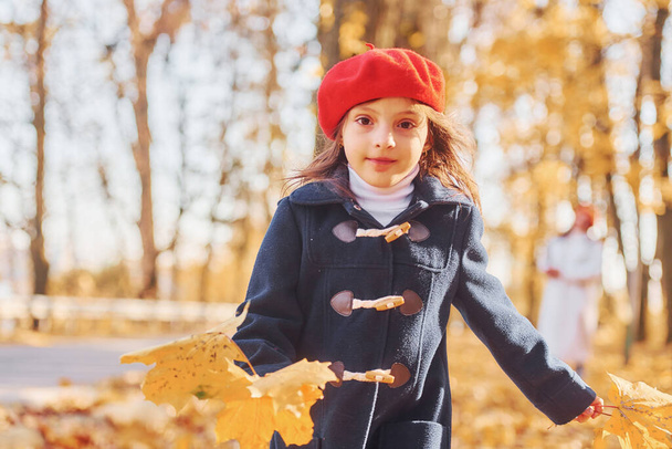 Girl is in a red beret. Mother with her little daughter is having walk in the autumn park. - Photo, Image