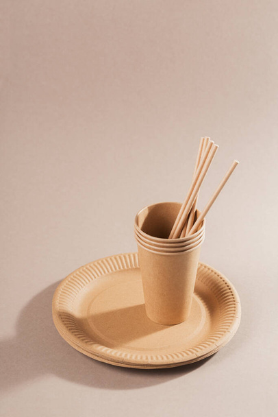 Disposable paper tableware. Cups, plates and straws on beige background. Plastic free and zero waste concept. - Fotografie, Obrázek
