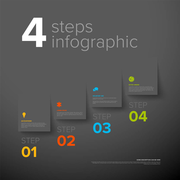 Vector four simple dark gray folded paper steps progress template with descriptions and icons. Diagonal set od folded papers as four steps of procedure - Вектор,изображение