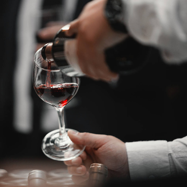 Glass of red wine in hand at a special event, a specific tasting of alcoholic beverages. - Photo, image