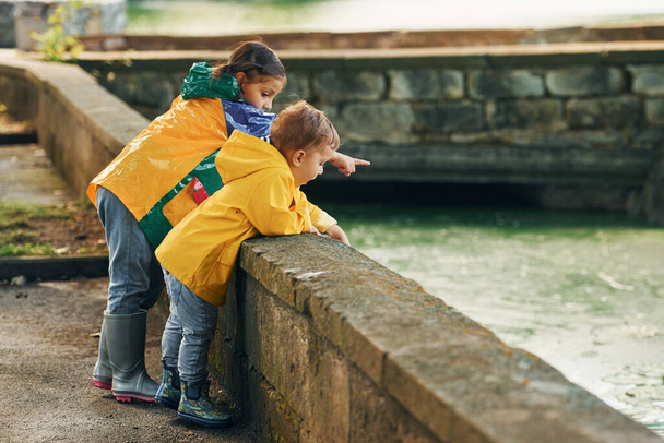 Mirando el río. Niños divirtiéndose al aire libre en el parque después de la lluvia. - Foto, imagen
