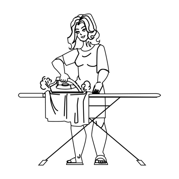mujer línea de hierro lápiz dibujo vector. lavandería casa, tablero del hogar, ropa limpia mujer hierro carácter. personas Ilustración - Vector, imagen