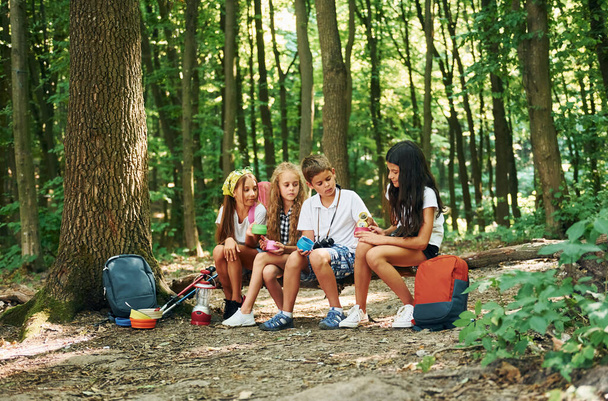 Taking a break. Kids strolling in the forest with travel equipment. - 写真・画像
