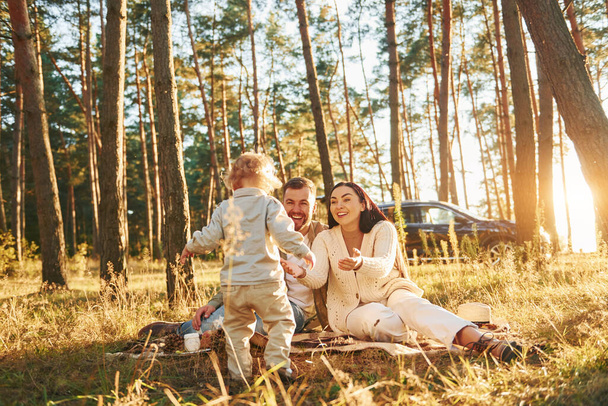 Positive emotions. Happy family of father, mother and little daughter is in the forest. - Foto, Bild