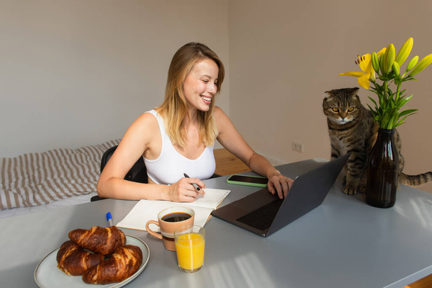 Mujer rubia sonriente usando portátil cerca del desayuno y gato pliegue escocés en casa  - Foto, Imagen