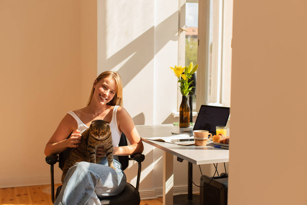 Smiling woman holding scottish fold cat and looking at camera near breakfast and devices at home  - Foto, Bild