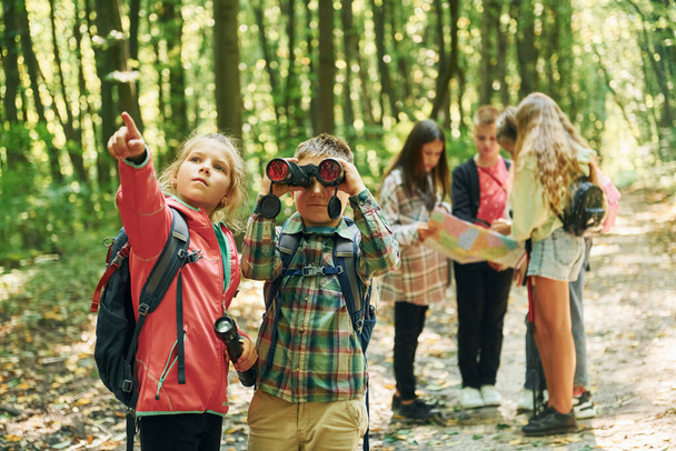 New places. Kids in green forest at summer daytime together. - Photo, image