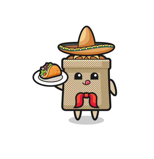 σιτάρι σακί μεξικάνικη μασκότ σεφ κρατώντας ένα τάκο, χαριτωμένο σχεδιασμό - Διάνυσμα, εικόνα