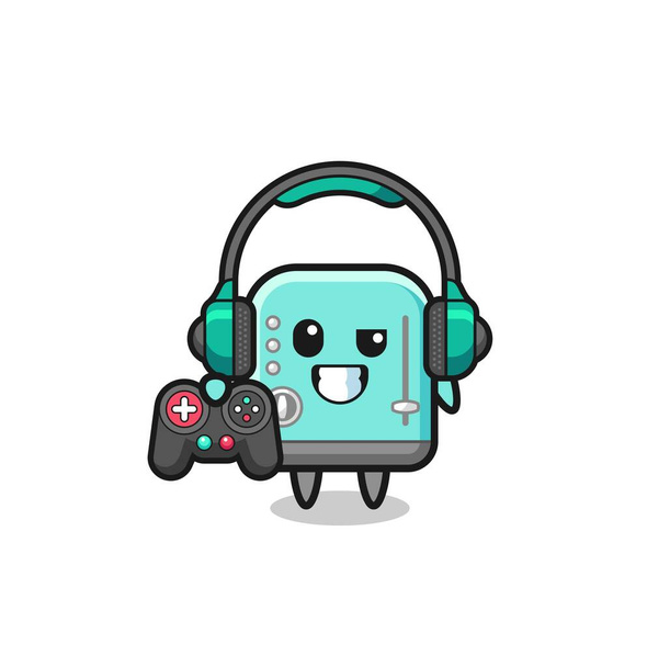 tostadora gamer mascota celebración de un controlador de juego, lindo diseño - Vector, imagen