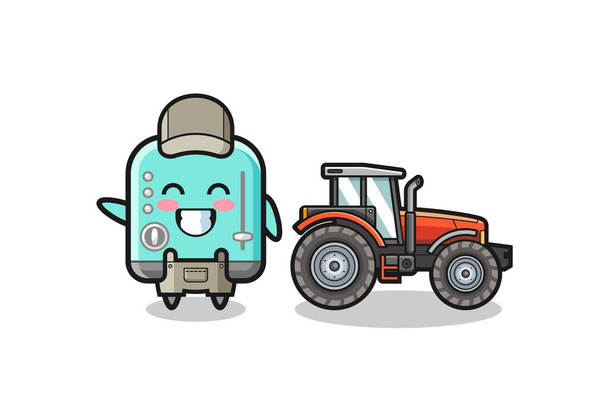 la mascota tostadora agricultor de pie junto a un tractor, lindo diseño - Vector, imagen