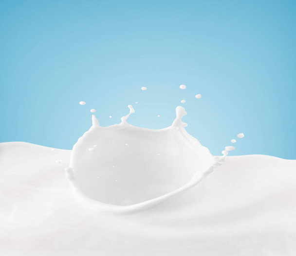 Βουτιά κορώνα γάλακτος, πιτσιλίσματα σε πισίνα γάλακτος με μπλε φόντο - Φωτογραφία, εικόνα
