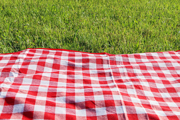 Checkered picnic tablecloth on fresh green grass outdoors - Foto, afbeelding