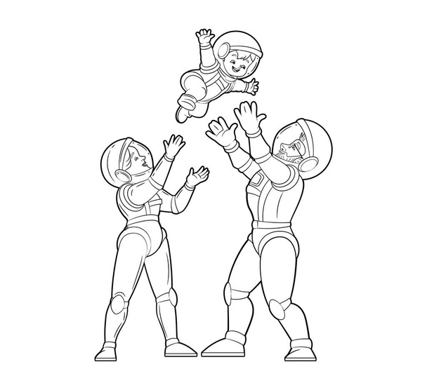 Coloring book.Astronaut dad throws his son up.Happy family of astronauts, mom, dad, son.Vector black and white illustration, outline, cartoon on white background. - Vector, Image