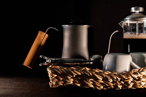 Coffee brewing set with cups and French press coffee maker - Valokuva, kuva
