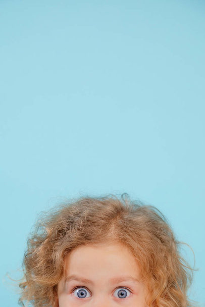 Περικοπή φωτογραφία του καταπληκτικού μπλε-eyed κοριτσάκι με σγουρά ξανθά μαλλιά αναζητούν εκπληκτικά σοκαρισμένος σε μπλε φόντο. Κάθετη, στούντιο. Περιέργεια, έκπληξη, διαφήμιση, εκφράσεις προσώπου, συναισθήματα. - Φωτογραφία, εικόνα