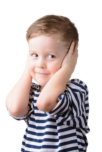 Kis fiú a csíkos mellény, zárt fülek - Fotó, kép