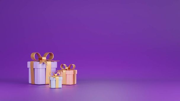 Gruppe von 3D Bunte Geschenke mit bunten Bändern für Geburtstag oder Weihnachtsfeier in Pastell Background.3d render. - Foto, Bild