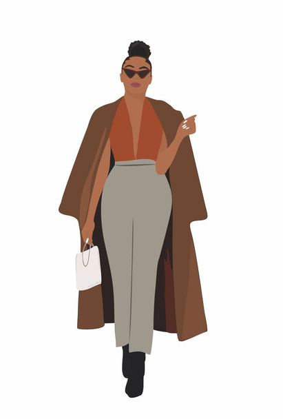 Красивая черная кривая женщина в элегантном коричневом пальто. Уверенная женщина-босс в солнечных очках. Вектор моды реалистичная иллюстрация деловой женщины в офисном наряде. - Вектор,изображение