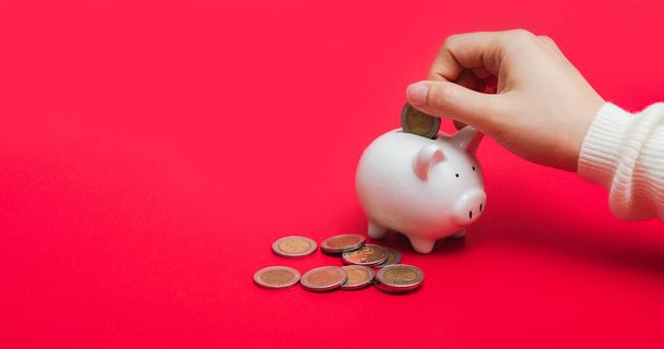 Close up shot of woman hand putting money coin into piggy. Save money and financial investment concept with copy space, banner. - Photo, Image