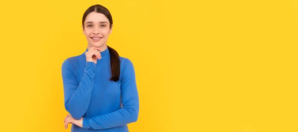 Woman isolated face portrait, banner header poster with mockup copyspace. cheerful woman portrait on yellow background, emotions - Foto, immagini