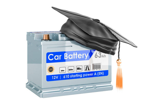 Car battery with mortarboard, 3D rendering isolated on white background - Fotografie, Obrázek