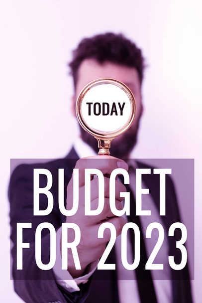Text sign showing Budget For 2023An written estimates of income and expenditure for 2023, Conceptual photo An written estimates of income and expenditure for 2023 - Photo, Image