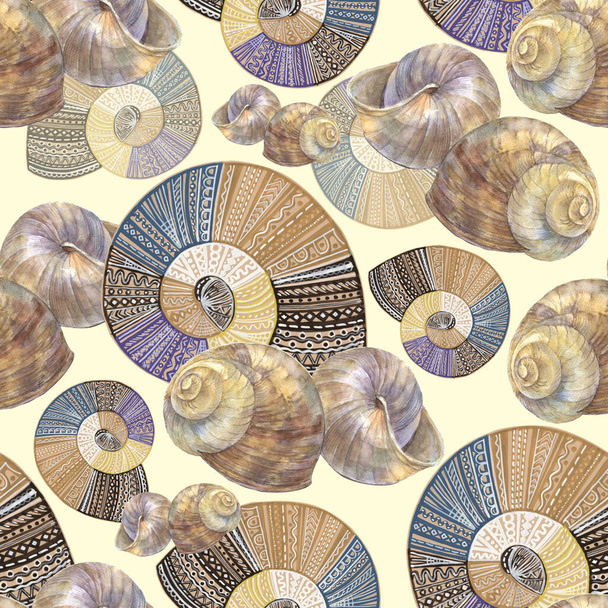 Forest snail with decor shell painted in watercolor. Seamless pattern on cream background. - Foto, imagen