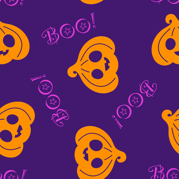 halloween seamless pattern with cute faces of pumpkins and lettering boo, background with main symbol of halloween holiday - Vetor, Imagem