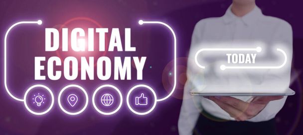 Tekst pisma ręcznego Digital Economyogólnoświatowa sieć działalności gospodarczej i technologii, pojęcie oznaczające ogólnoświatową sieć działalności gospodarczej i technologii - Zdjęcie, obraz