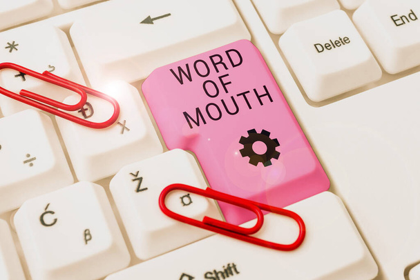 Signo de texto que muestra Word Of Mouth, Visión general del negocio Difusión oral de información Cuentacuentos Viva Voice - Foto, imagen