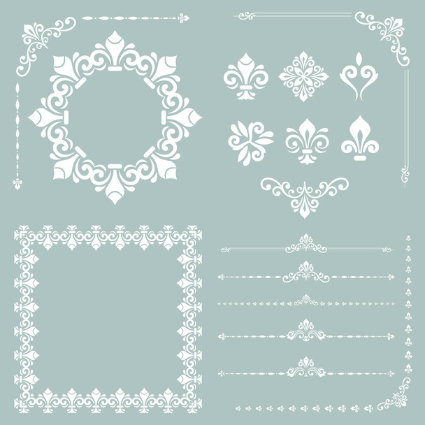 Vintage set of vector horizontal, square and round elements. Elements for backgrounds, frames and monograms. Classic patterns. Set of light blue and white patterns - Vettoriali, immagini