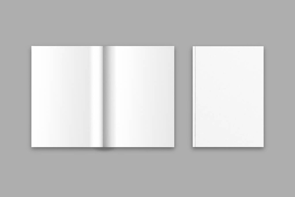 Leere Blanko-Hochglanzmagazine, offen und geschlossen, isoliert auf grauem Hintergrund. 3D-Darstellung. Bereit für Cover und Verbreitung des Magazindesigns. - Foto, Bild