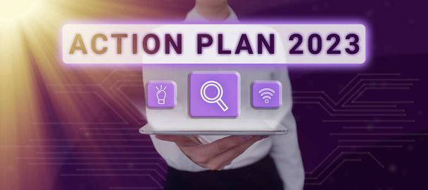 Señal que muestra el plan de acción 2023to do list contiene el número de cosas que se harán el próximo año, visión general del negocio para hacer la lista contiene el número de cosas que se harán el próximo año - Foto, imagen