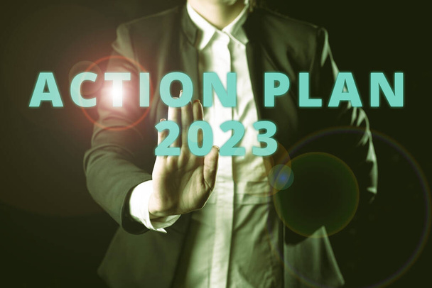 Inspiración mostrando el signo Plan de Acción 2023to do list contiene el número de cosas que se harán el próximo año, Word Written on to do list contiene el número de cosas que se harán el próximo año - Foto, imagen