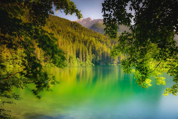 Idyllic Lake Tovel reflection symmetry in Trentino-Alto Adige, Italy - Foto, Imagen