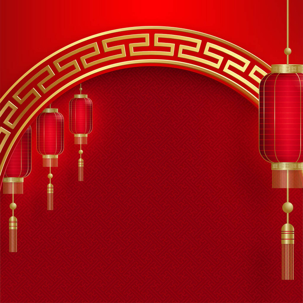Cadre chinois avec des éléments asiatiques orientaux sur fond de couleur, pour carte d'invitation de mariage, bonne année, joyeux anniversaire, Saint-Valentin, cartes de voeux, affiche ou bannière web - Vecteur, image