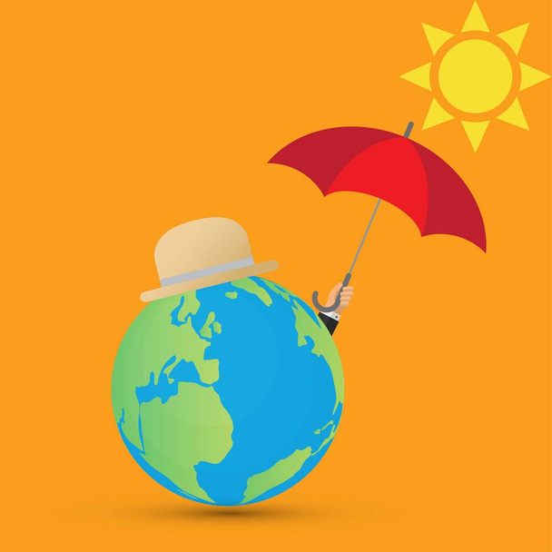 Earth globe with hat holding an umbrella to protect from the sun - Vetor, Imagem
