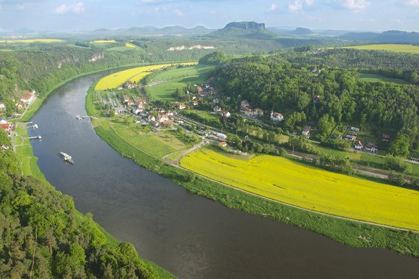 Panoramic view to Saxon Switzerland from Bastei, Rathen, Germany. - Foto, afbeelding