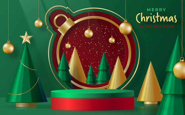 3d Podium round stage style, for Merry Christmas and happy new year and festivals or greeting festival on paper cut art and craft with color background and festive elements - Vector, Image