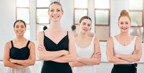 Ballet class, dance school and women portrait of smile, happiness and standing arms crossed after training, practice and exercise. Ballerina girls with teacher for fitness, rehearsal and performance. - Φωτογραφία, εικόνα