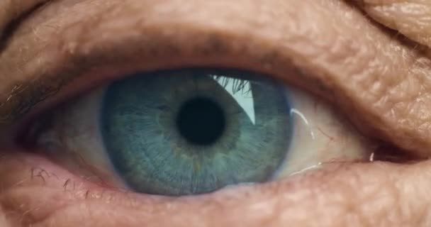 Szemek, látás és fókusz egy végzős szemével a felírt szemüveg, szemüveg vagy kontaktlencse vizsgálata vagy vizsgálata során. Idős személy ráncai, pupillája és szivárványhártyája a szemésznél vagy optikusnál. - Felvétel, videó