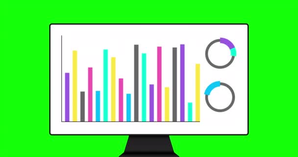 Animált Infografika készlet. Animáció a különböző grafikonok és grafikonok élénk színekben bemutatott monitor mock up elszigetelt zöld alapon. Kiváló minőségű 4k felvételek. - Felvétel, videó