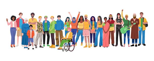 Иллюстрация группы многонациональных людей, стоящих.  - Вектор,изображение