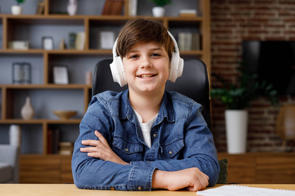 Portrait of schoolboy wearing earphones has online lesson,video call with teacher,answering questions, check of knowledge. Cute teenager studying at home using laptop. Distance learning. Web cam view - 写真・画像