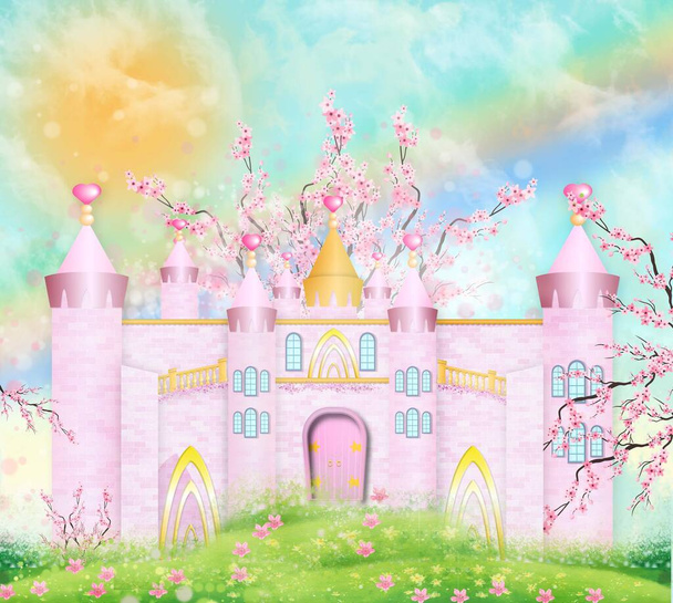 ilustração de um castelo rosa na floresta em um dia ensolarado - Foto, Imagem