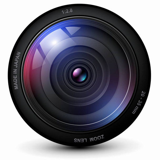 Camera photo lens 3D icon, realistic technology symbol design, vector illustration. - Vektör, Görsel