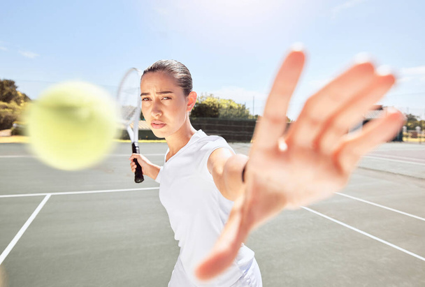 Tennis court, serving ball or woman in sports game, exercise match or competition workout. Fitness athlete or player training with motivation goals, winner mindset or racket in energy movement motion. - Φωτογραφία, εικόνα