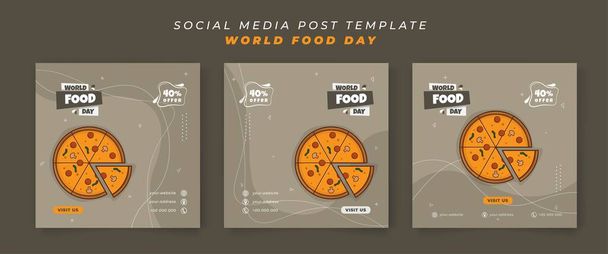 Набор постов в социальных сетях искушают скользкой пиццей в карикатурном дизайне ко Дню еды - Вектор,изображение