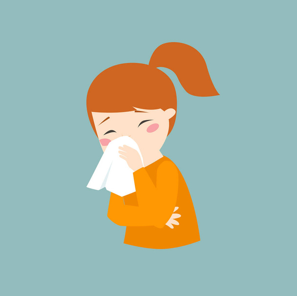 Print. The girl is sick icon. The girl blows her nose into a handkerchief. Headache, cold, runny nose. The child got sick. Quarantine. - Vector, Image