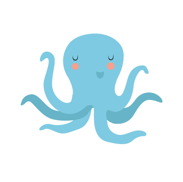 Печать. Милый векторный осьминог. Морское животное. Синий мультяшный осьминог. мультяшный персонаж - Вектор,изображение